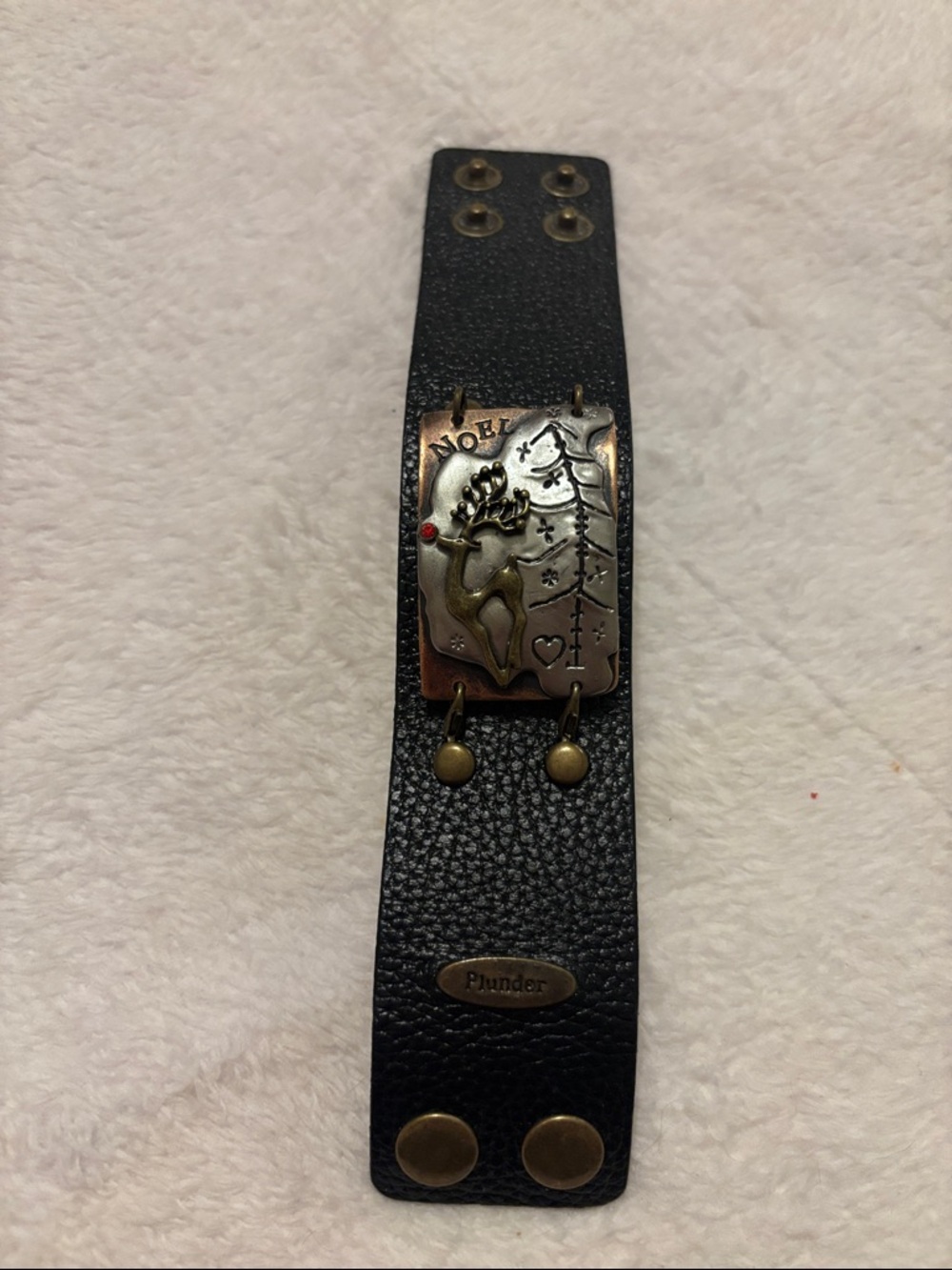 Plunder Black Leather Bracelet with Brass Reindeer Accent